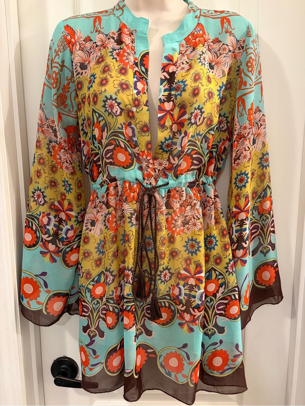 Ivy Jane Boho Floral Drawstring Tunic in Teal and Yellow